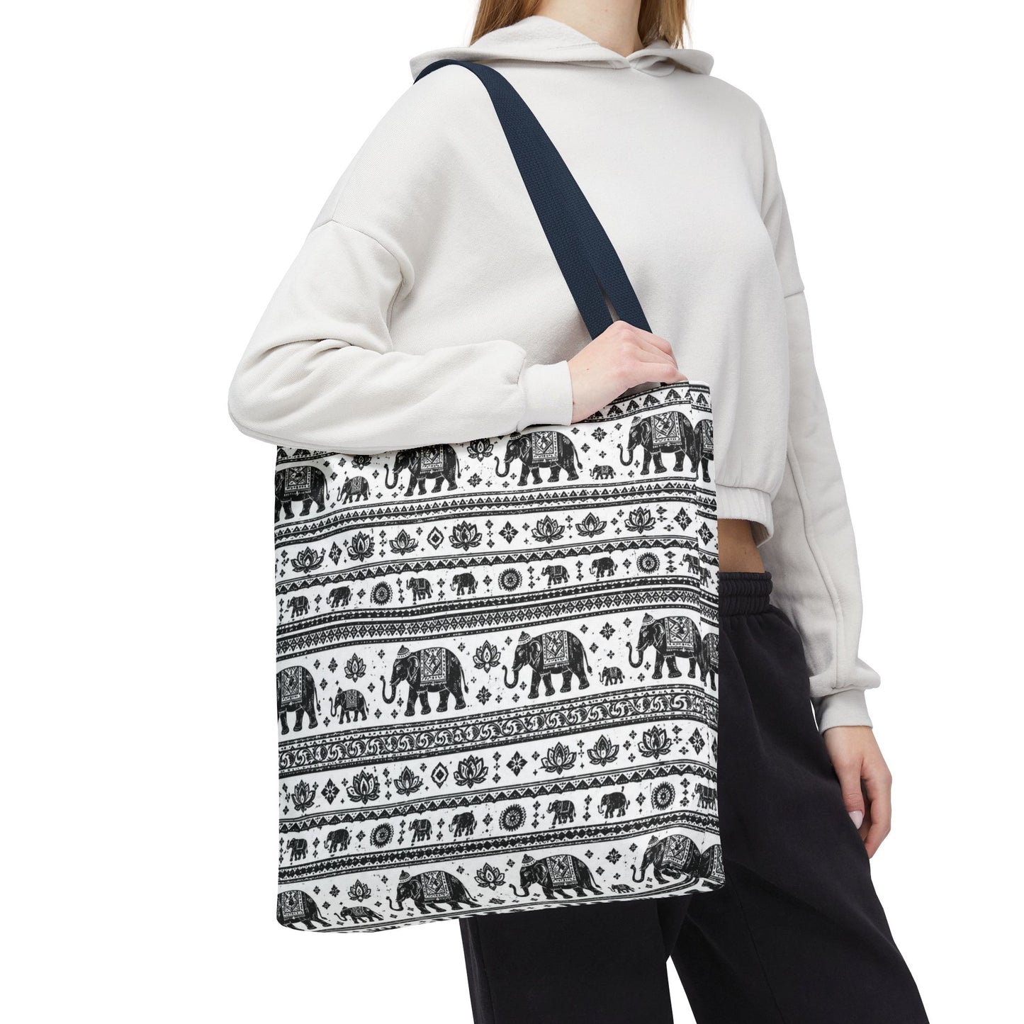 Thai Elephant Pattern Tote Bag - Boho Black & White All-Over Print
