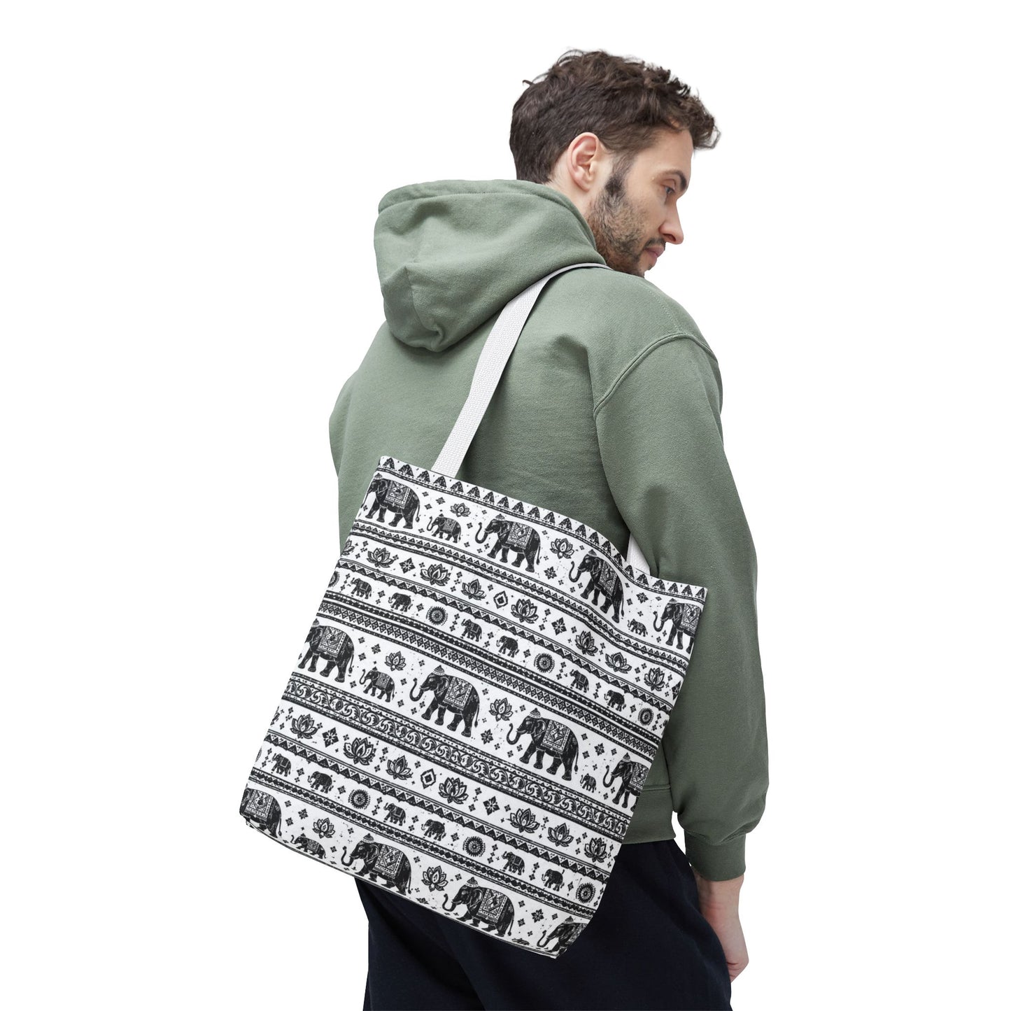 Thai Elephant Pattern Tote Bag - Boho Black & White All-Over Print