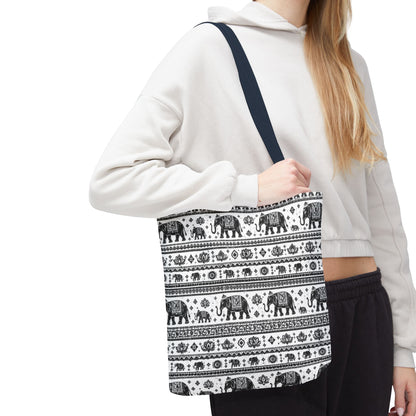 Thai Elephant Pattern Tote Bag - Boho Black & White All-Over Print