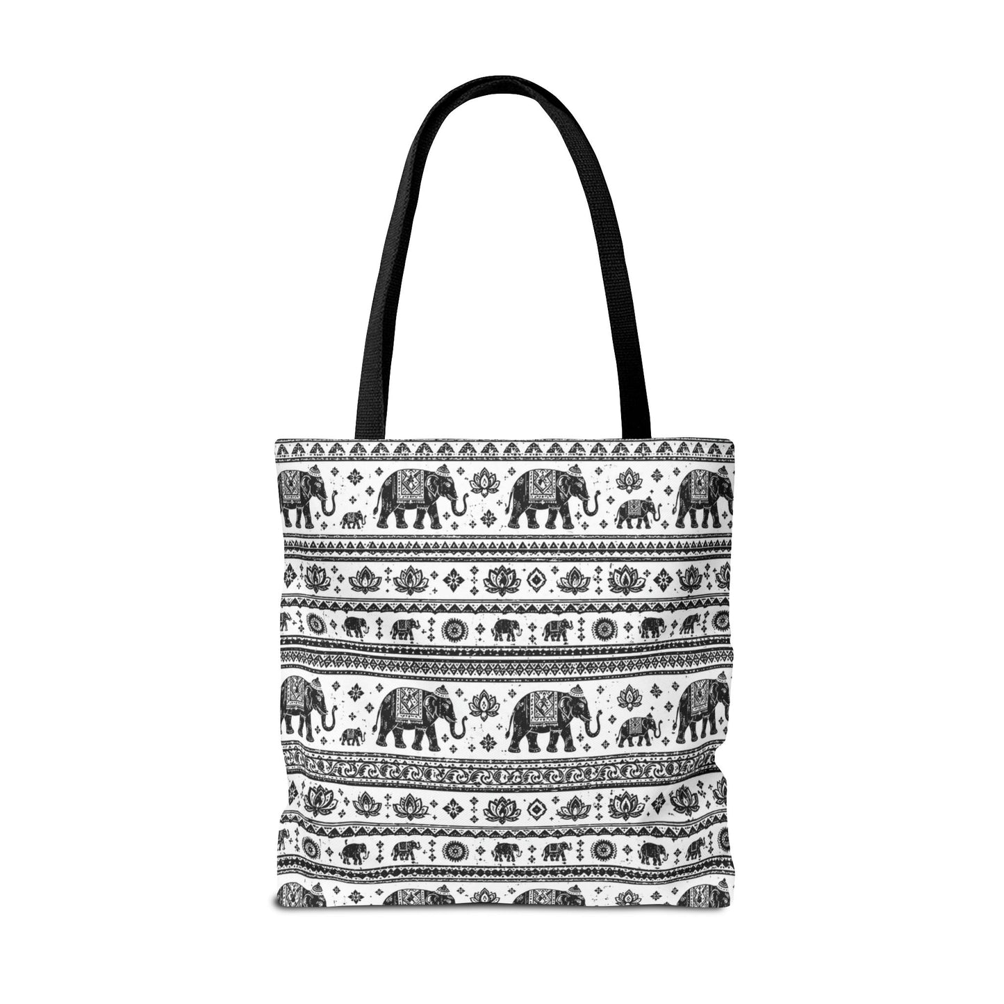 Thai Elephant Pattern Tote Bag - Boho Black & White All-Over Print