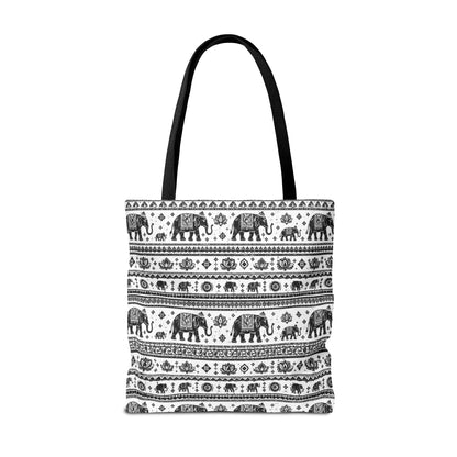 Thai Elephant Pattern Tote Bag - Boho Black & White All-Over Print