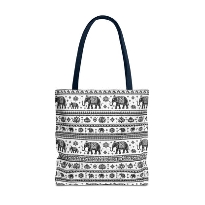 Thai Elephant Pattern Tote Bag - Boho Black & White All-Over Print
