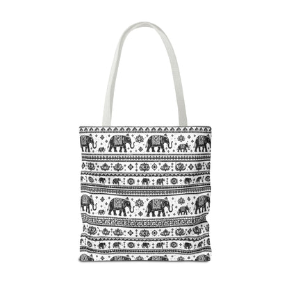 Thai Elephant Pattern Tote Bag - Boho Black & White All-Over Print
