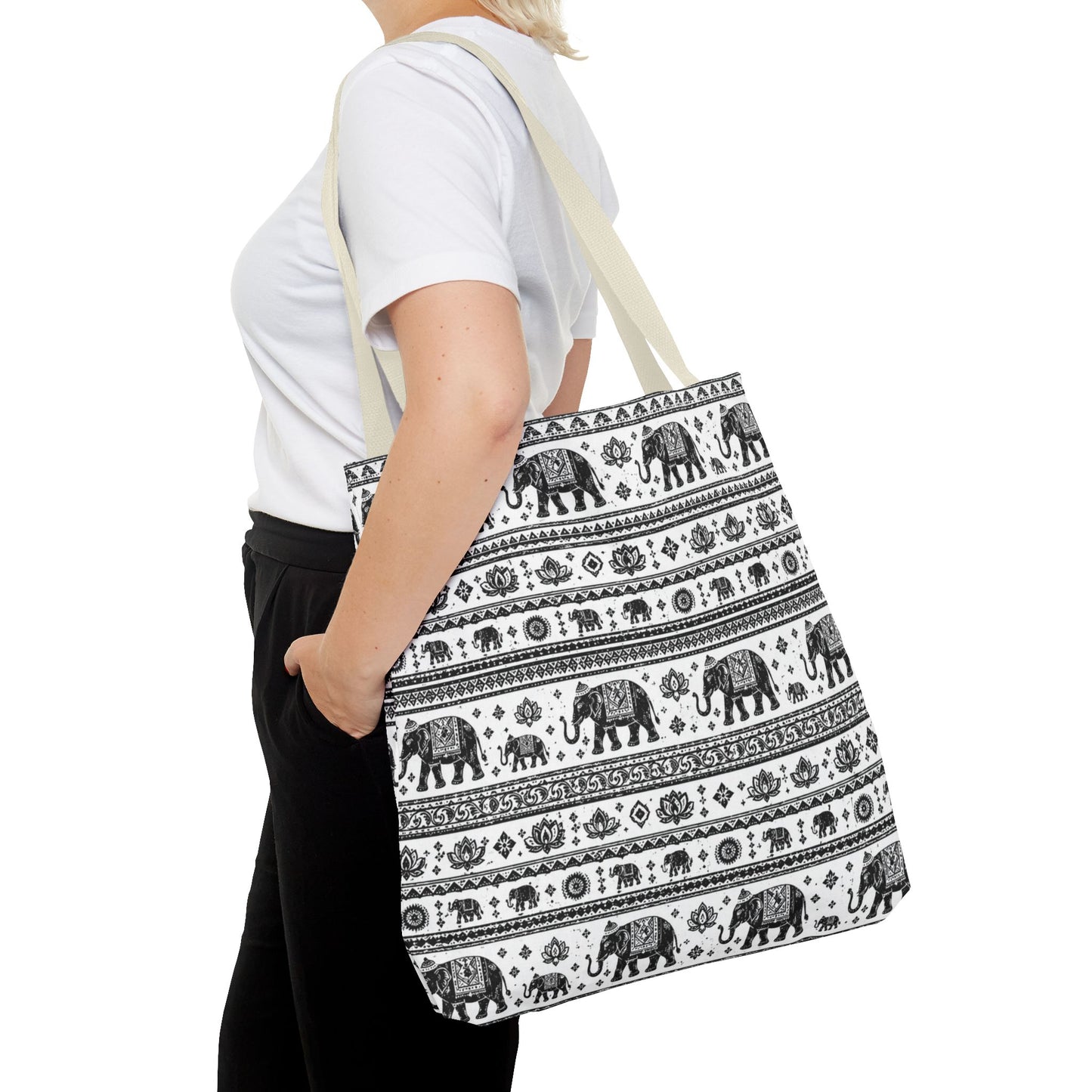 Thai Elephant Pattern Tote Bag - Boho Black & White All-Over Print