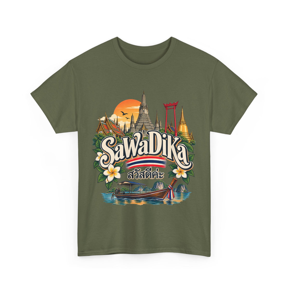 SaWaDiKa Thailand Souvenir Thai Landmark Travel Heavy Cotton T‑Shirt
