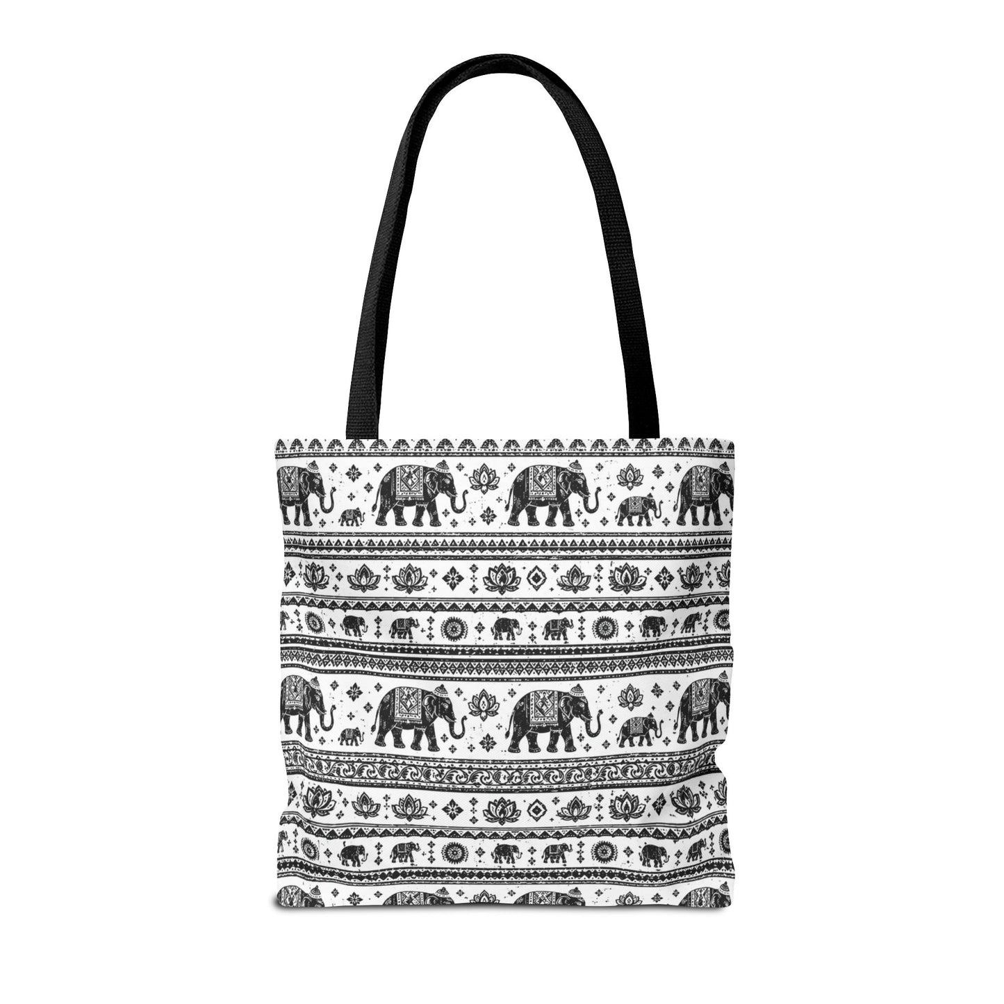 Thai Elephant Pattern Tote Bag - Boho Black & White All-Over Print