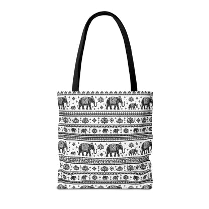 Thai Elephant Pattern Tote Bag - Boho Black & White All-Over Print