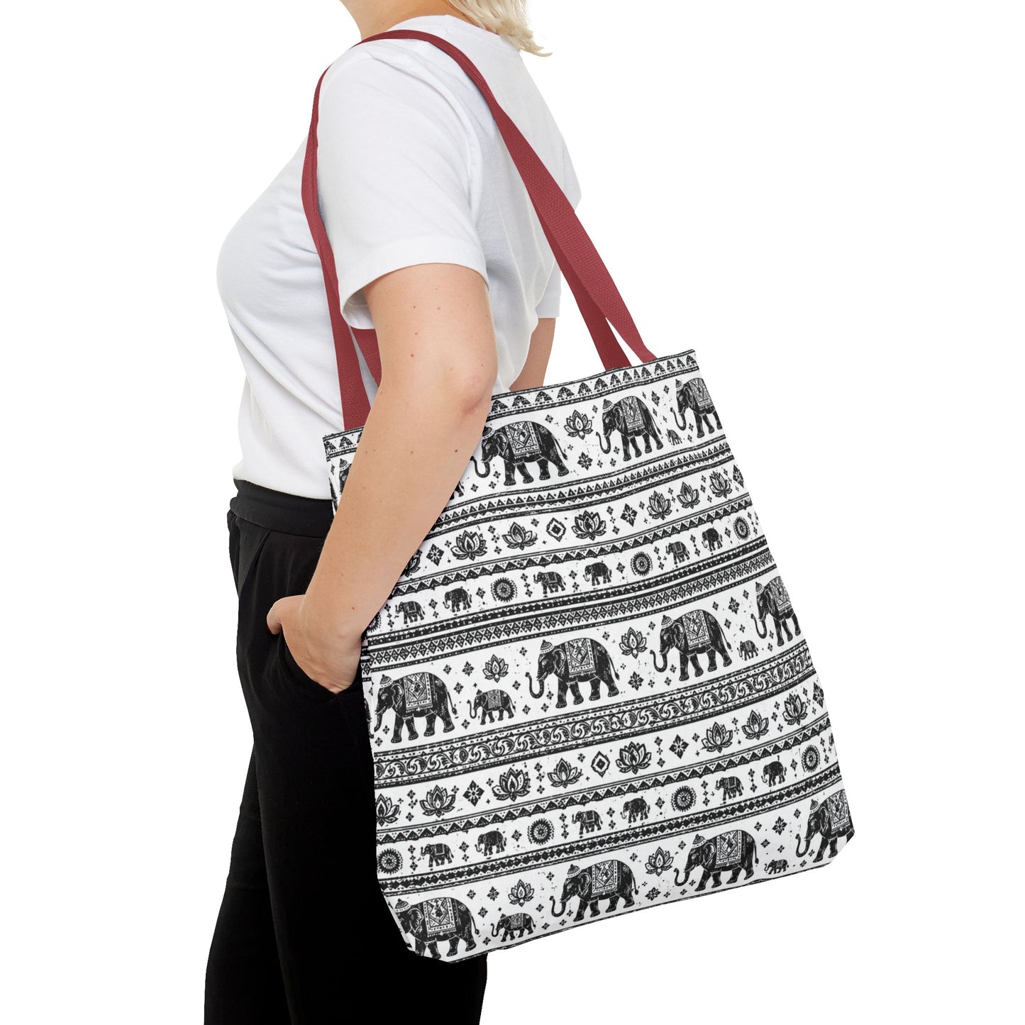Thai Elephant Pattern Tote Bag - Boho Black & White All-Over Print