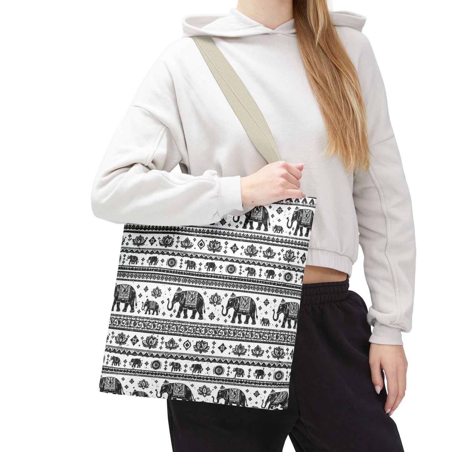 Thai Elephant Pattern Tote Bag - Boho Black & White All-Over Print