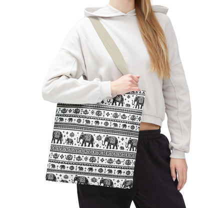 Thai Elephant Pattern Tote Bag - Boho Black & White All-Over Print