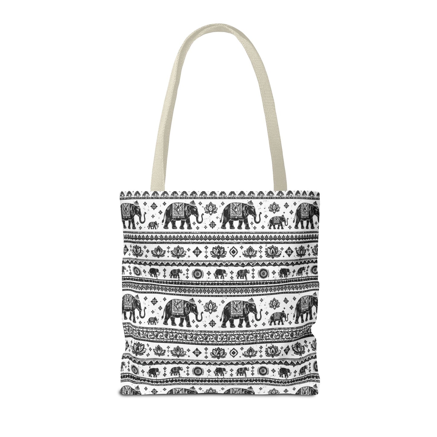 Thai Elephant Pattern Tote Bag - Boho Black & White All-Over Print