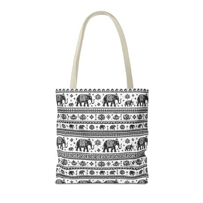 Thai Elephant Pattern Tote Bag - Boho Black & White All-Over Print