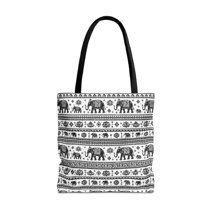 Thai Elephant Pattern Tote Bag - Boho Black & White All-Over Print