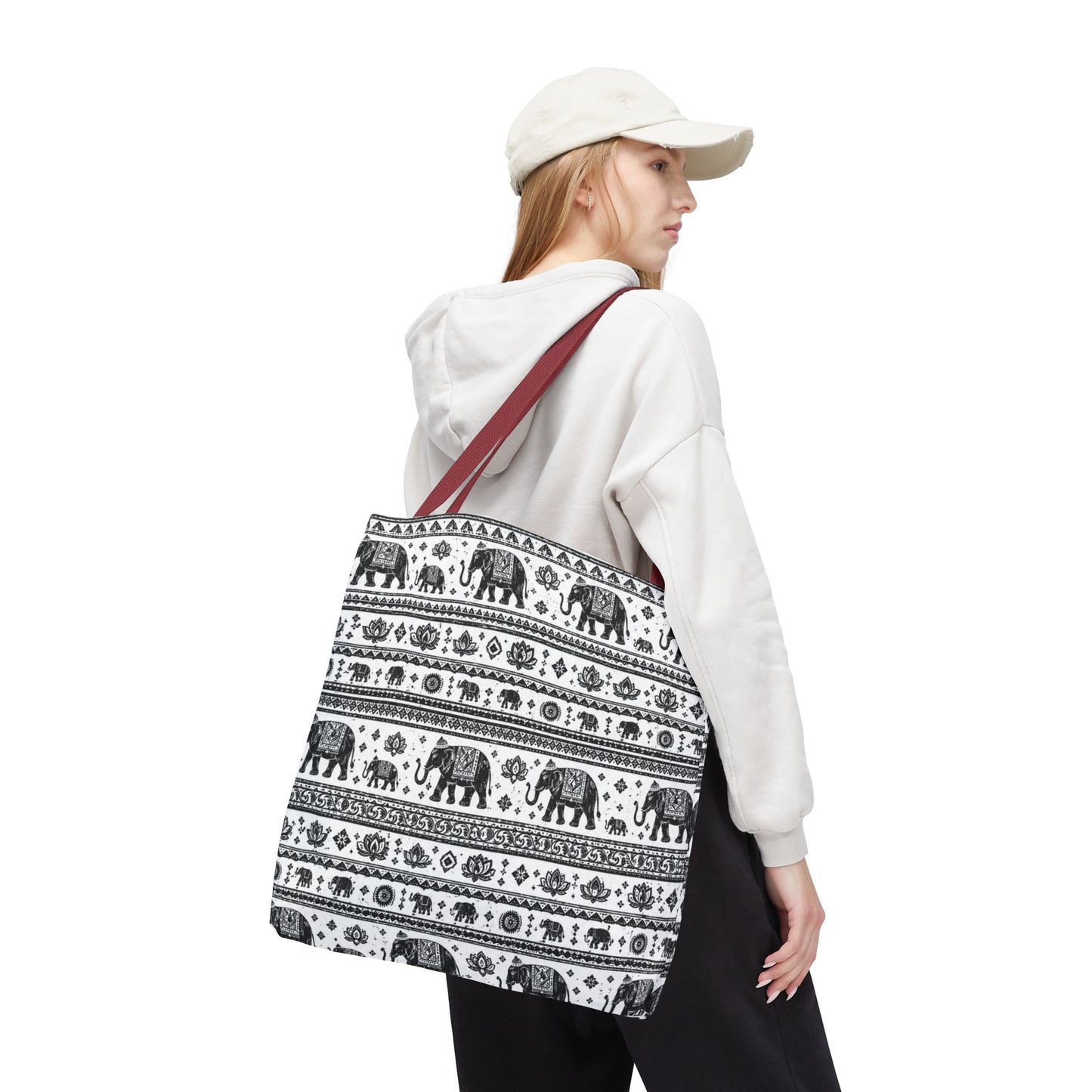 Thai Elephant Pattern Tote Bag - Boho Black & White All-Over Print