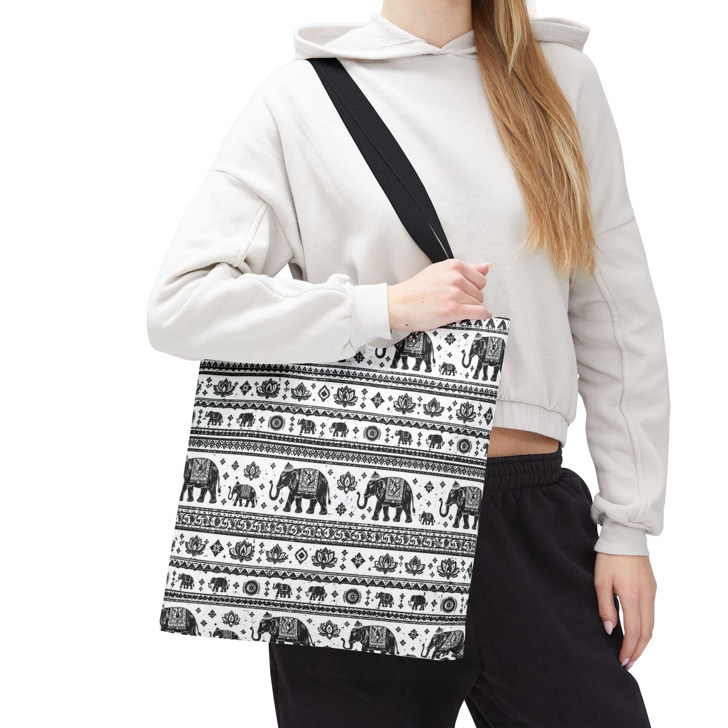 Thai Elephant Pattern Tote Bag - Boho Black & White All-Over Print
