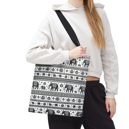 Thai Elephant Pattern Tote Bag - Boho Black & White All-Over Print
