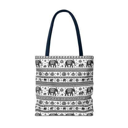 Thai Elephant Pattern Tote Bag - Boho Black & White All-Over Print