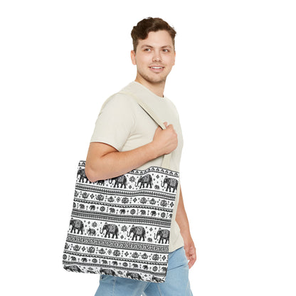 Thai Elephant Pattern Tote Bag - Boho Black & White All-Over Print