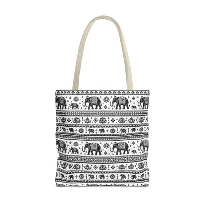 Thai Elephant Pattern Tote Bag - Boho Black & White All-Over Print