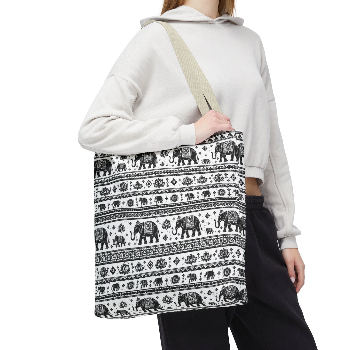 Thai Elephant Pattern Tote Bag - Boho Black & White All-Over Print