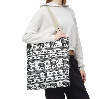 Thai Elephant Pattern Tote Bag - Boho Black & White All-Over Print