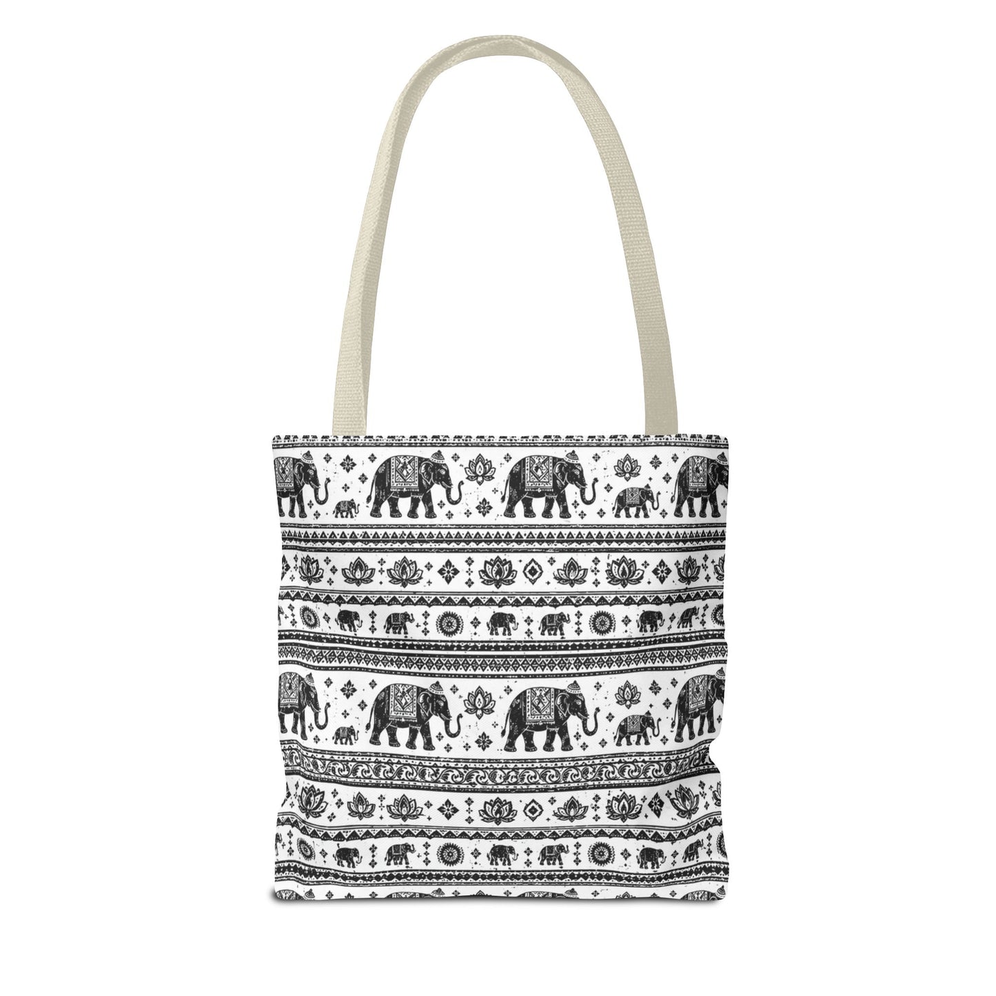 Thai Elephant Pattern Tote Bag - Boho Black & White All-Over Print