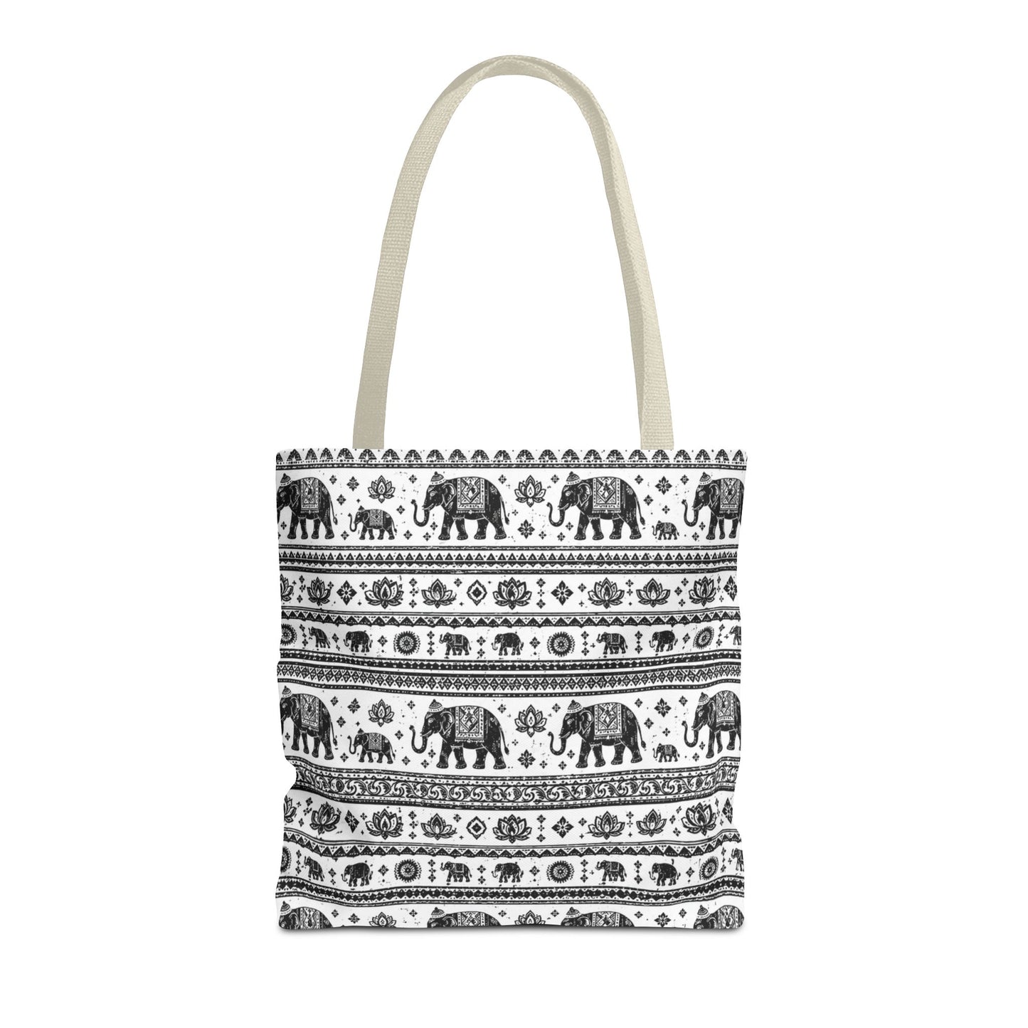 Thai Elephant Pattern Tote Bag - Boho Black & White All-Over Print