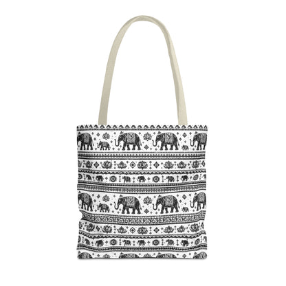 Thai Elephant Pattern Tote Bag - Boho Black & White All-Over Print