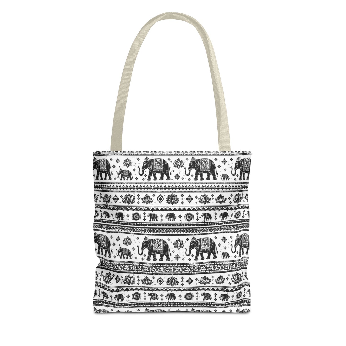 Thai Elephant Pattern Tote Bag - Boho Black & White All-Over Print
