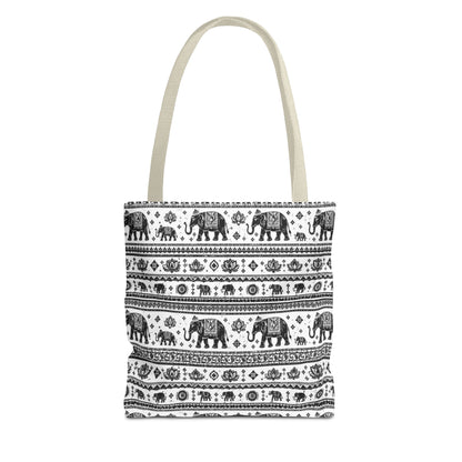 Thai Elephant Pattern Tote Bag - Boho Black & White All-Over Print
