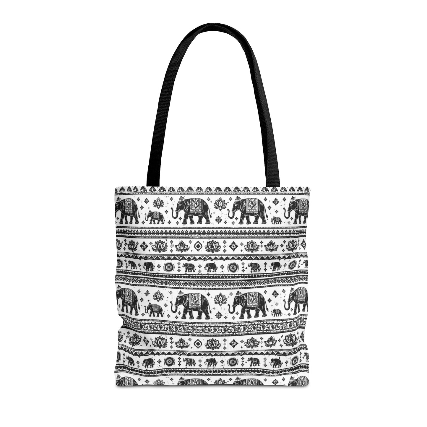 Thai Elephant Pattern Tote Bag - Boho Black & White All-Over Print