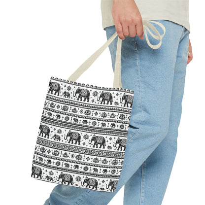Thai Elephant Pattern Tote Bag - Boho Black & White All-Over Print
