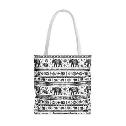 Thai Elephant Pattern Tote Bag - Boho Black & White All-Over Print