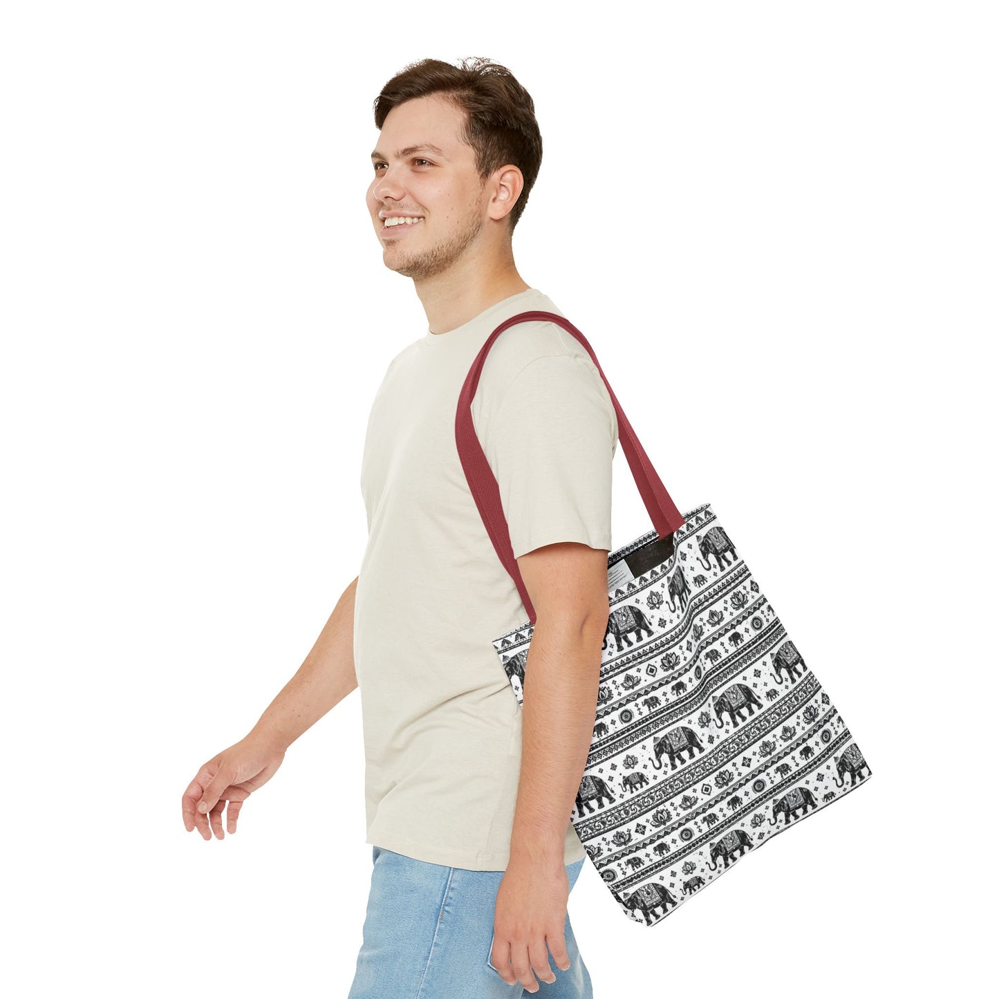 Thai Elephant Pattern Tote Bag - Boho Black & White All-Over Print