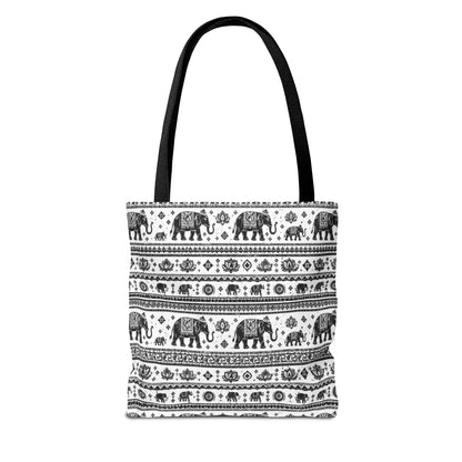 Thai Elephant Pattern Tote Bag - Boho Black & White All-Over Print