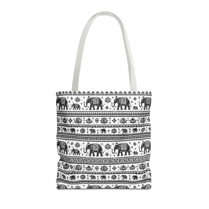 Thai Elephant Pattern Tote Bag - Boho Black & White All-Over Print