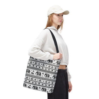 Thai Elephant Pattern Tote Bag - Boho Black & White All-Over Print