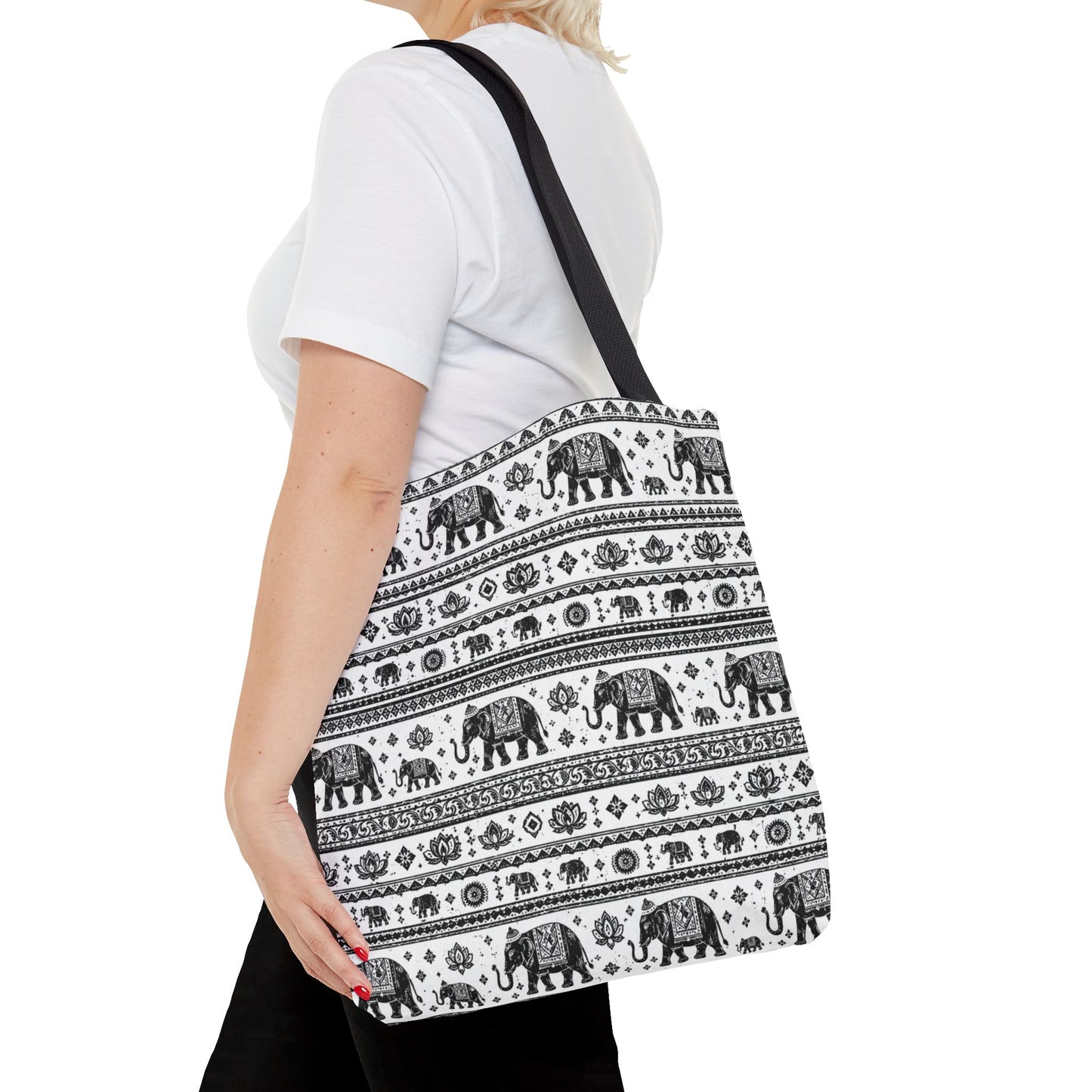 Thai Elephant Pattern Tote Bag - Boho Black & White All-Over Print