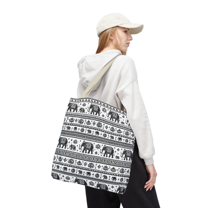 Thai Elephant Pattern Tote Bag - Boho Black & White All-Over Print