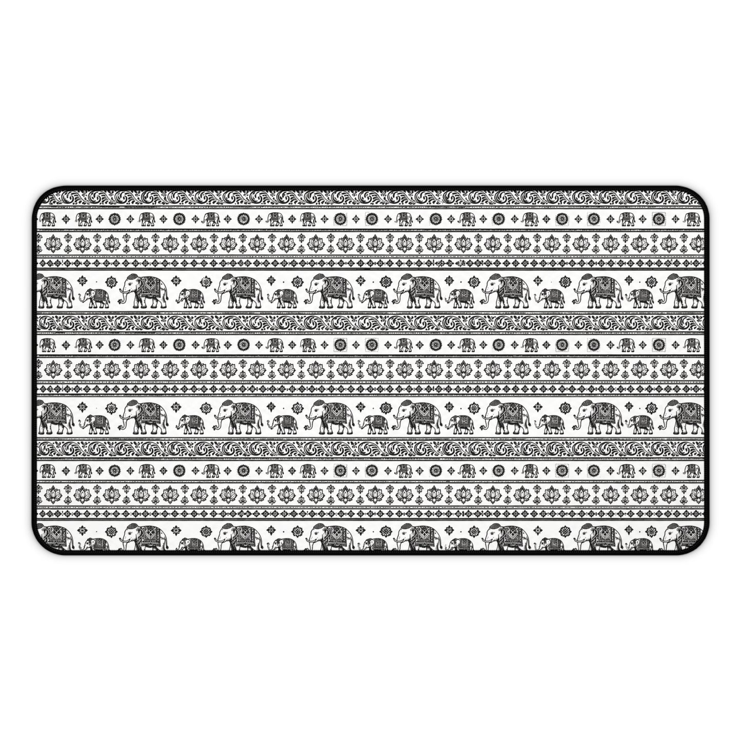 Thai Elephant Pattern Desk Mat - Black & White Boho Pattern