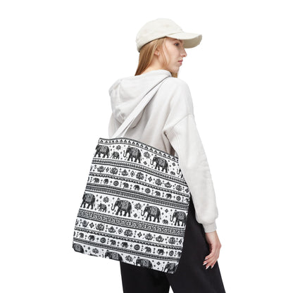 Thai Elephant Pattern Tote Bag - Boho Black & White All-Over Print