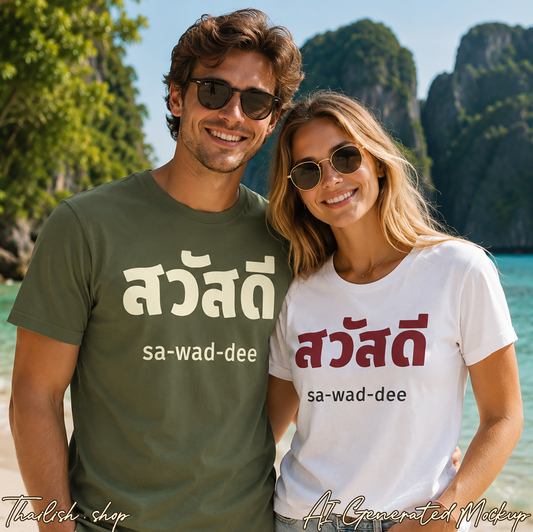สวัสดี (sa-wad-dee) Hello in Thai Heavy Cotton Tee