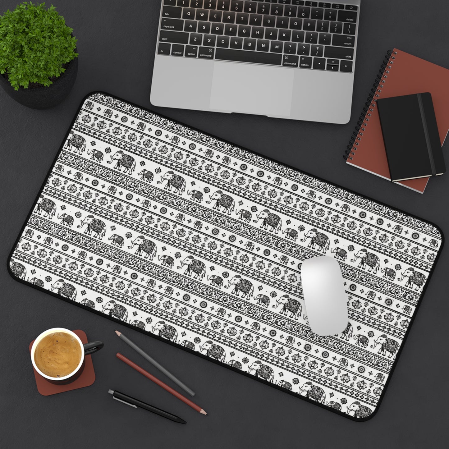 Thai Elephant Pattern Desk Mat - Black & White Boho Pattern