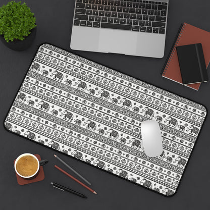 Thai Elephant Pattern Desk Mat - Black & White Boho Pattern