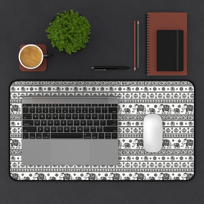 Thai Elephant Pattern Desk Mat - Black & White Boho Pattern