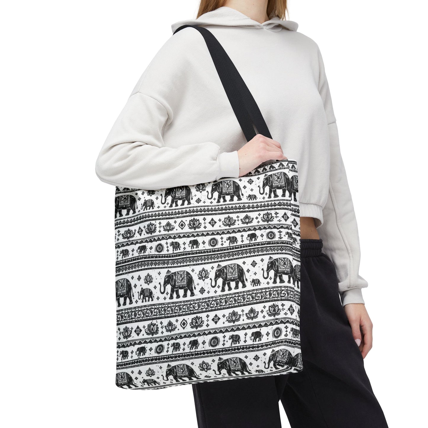 Thai Elephant Pattern Tote Bag - Boho Black & White All-Over Print