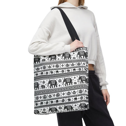 Thai Elephant Pattern Tote Bag - Boho Black & White All-Over Print