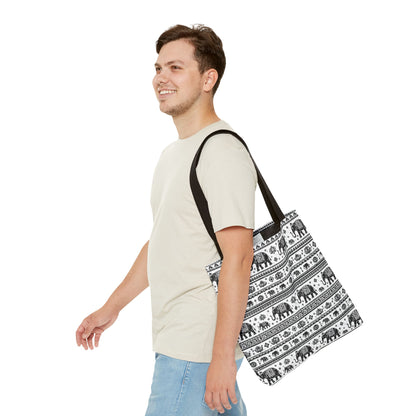 Thai Elephant Pattern Tote Bag - Boho Black & White All-Over Print