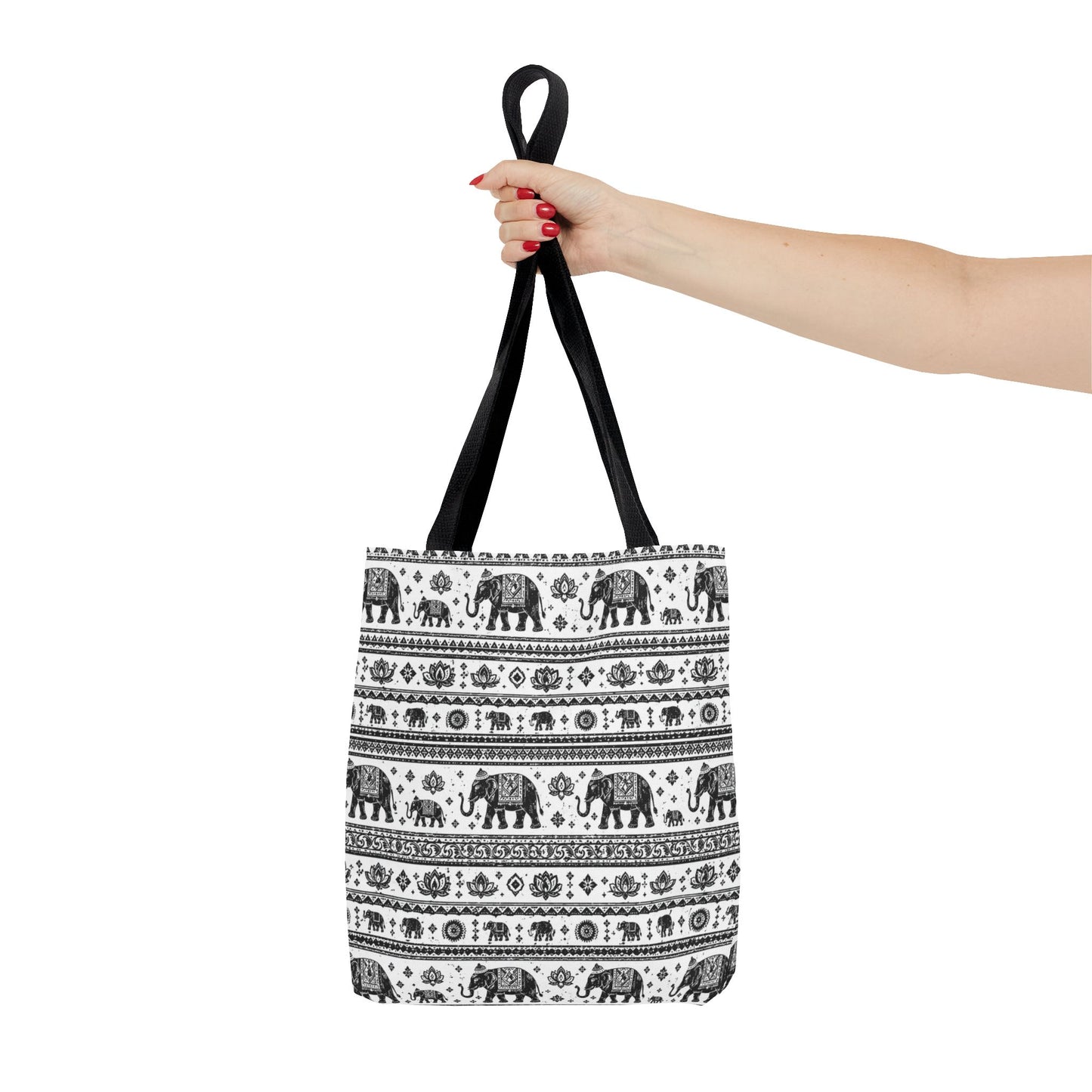 Thai Elephant Pattern Tote Bag - Boho Black & White All-Over Print