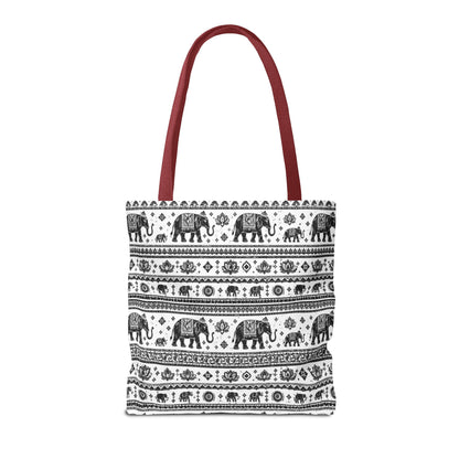 Thai Elephant Pattern Tote Bag - Boho Black & White All-Over Print